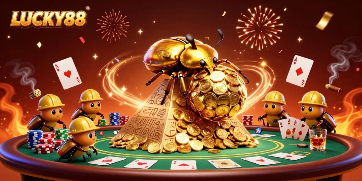 Spin the reels and win big with LUCKY88's vibrant casino illustration featuring a golden beetle and poker elements.