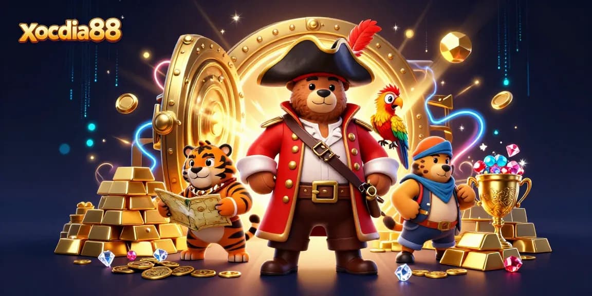 Xocdia88 brings excitement with a 3D cartoon pirate bear and tiger uncovering treasures in a vibrant casino scene