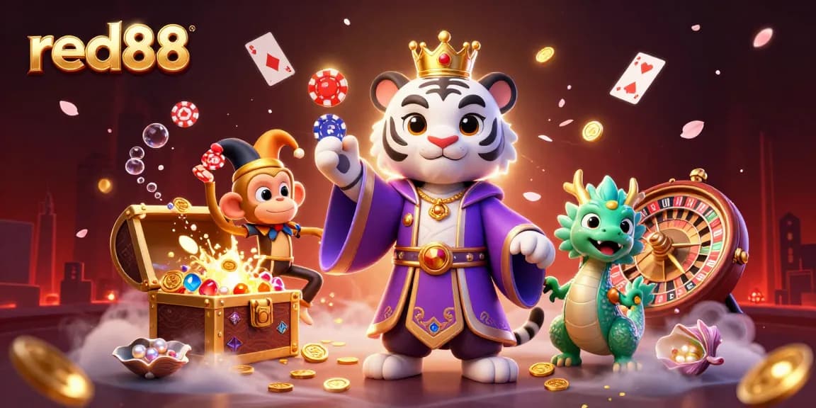 Experience winning strategies with red88 in a vibrant 3D casino scene featuring dynamic characters and game elements.
