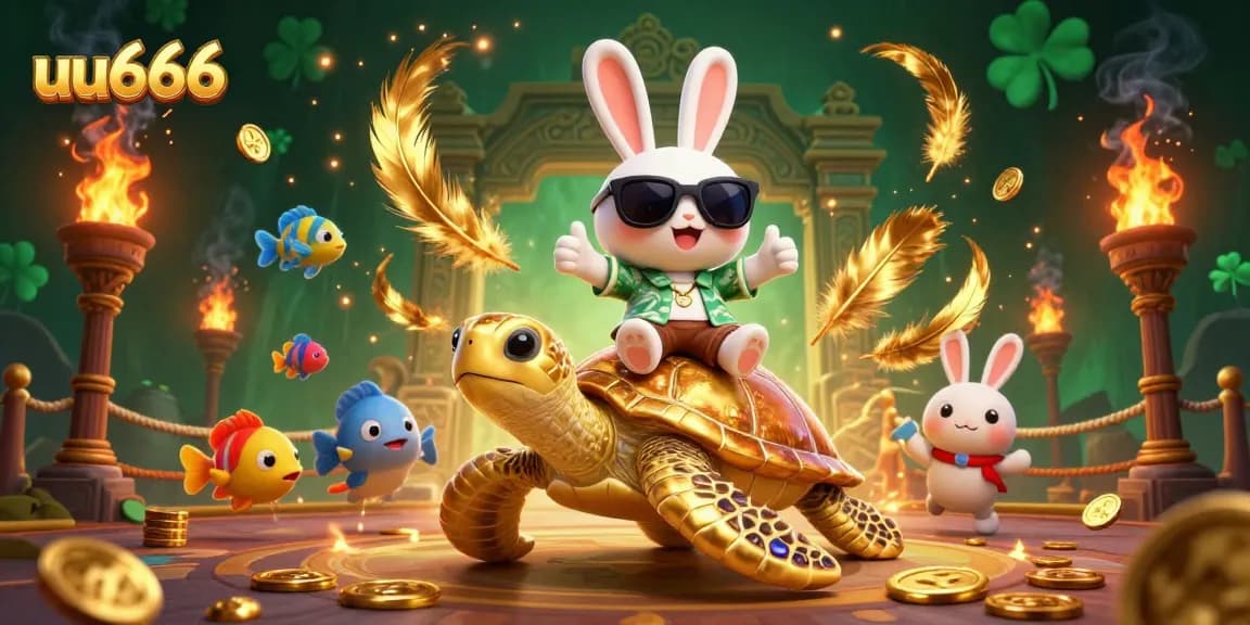 Enjoy thrilling games at uu666 with a fantastic cartoon illustration of a lucky rabbit and sea turtle.