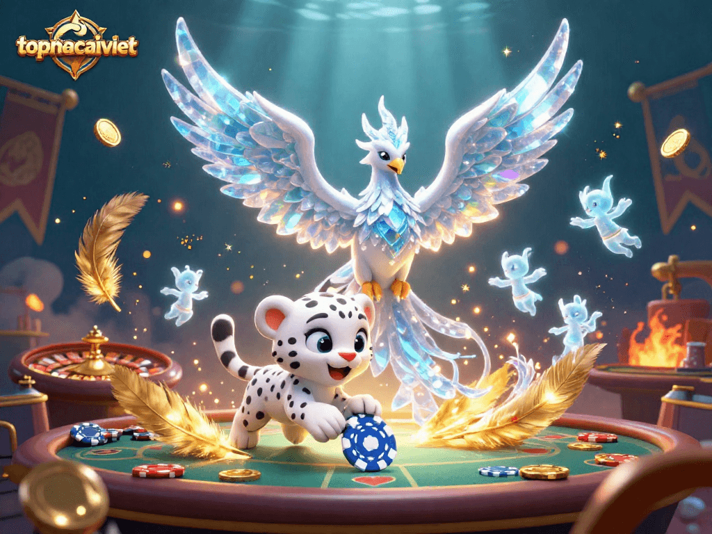 Engage in thrilling gameplay with topnhacaiviet featuring an ice phoenix and poker chip in a vibrant casino.
