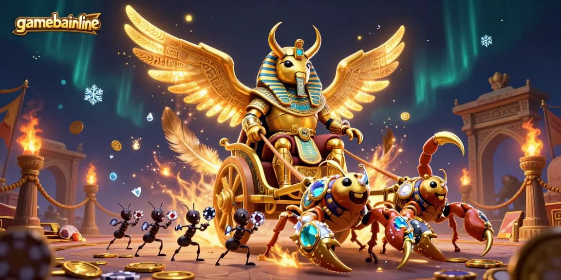 gamebaiionline showcases a thrilling scene with a golden scarab, scorpions, and poker chip carrying ants.