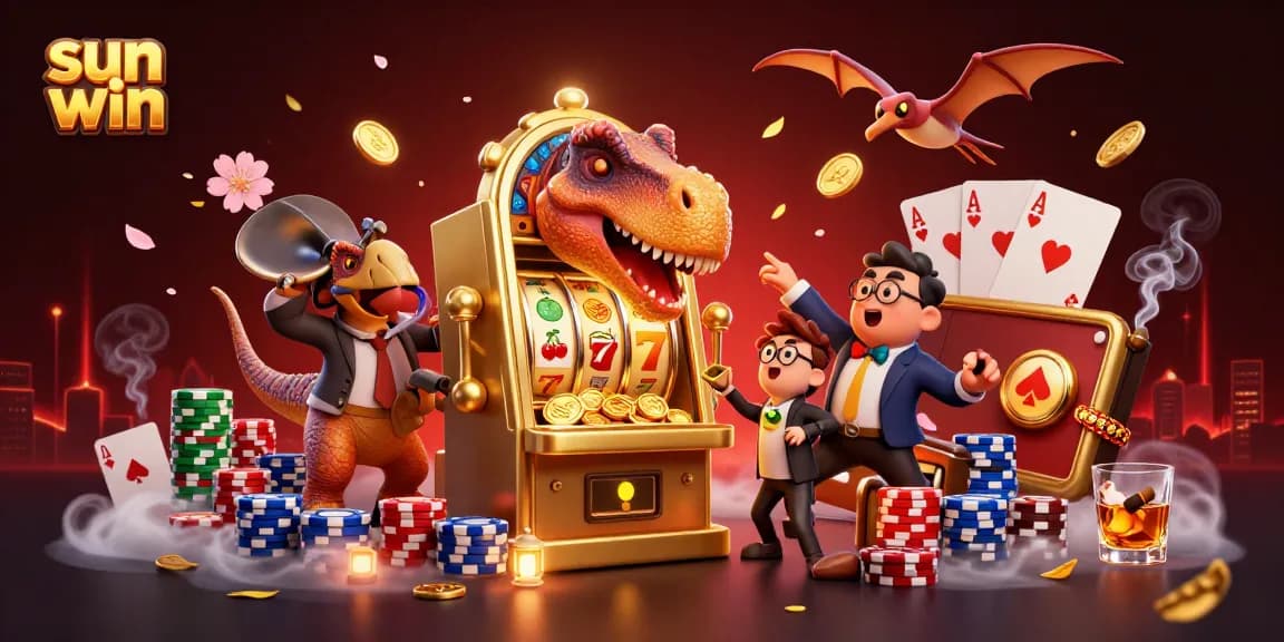 Play slots at sun win as a dinosaur wins jackpots amidst a rich casino atmosphere.