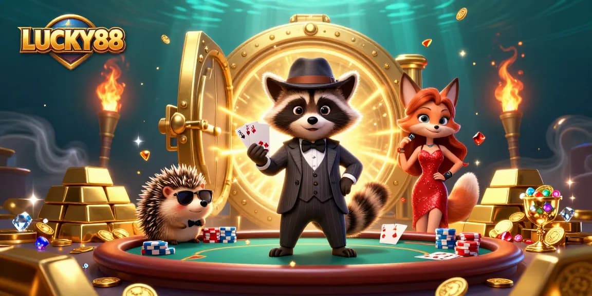 Experience winnings at LUCKY88 with a suave raccoon, dazzling fox, and a vigilant hedgehog in a vibrant casino scene.