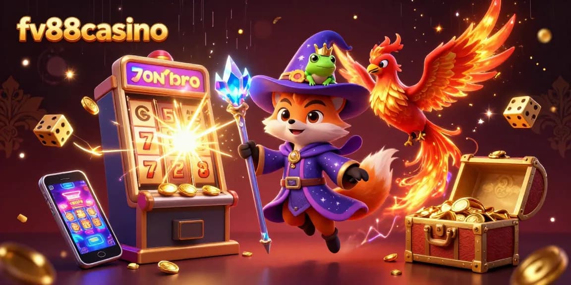 Experience thrilling gaming at fv88casino with a vibrant scene of a wizard fox and phoenix amidst fabulous slot machines and rich treasures.