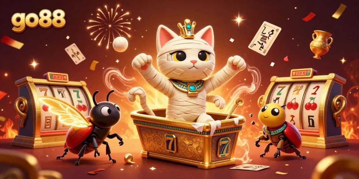 Win big with go88 in this vibrant 3D casino scene featuring a mummy cat, scarab beetle, and slot reels.
