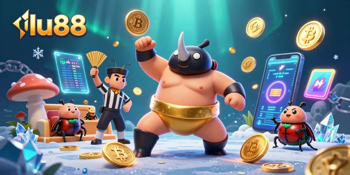 Experience exhilarating gameplay at lu88 with a dynamic beetle sumo match amid flying coins and crypto elements.