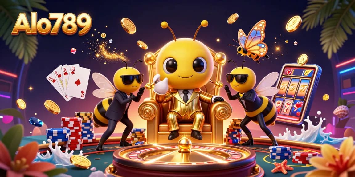 Alo789 features lively cartoon characters in a vibrant casino setting, showcasing fun gaming elements.