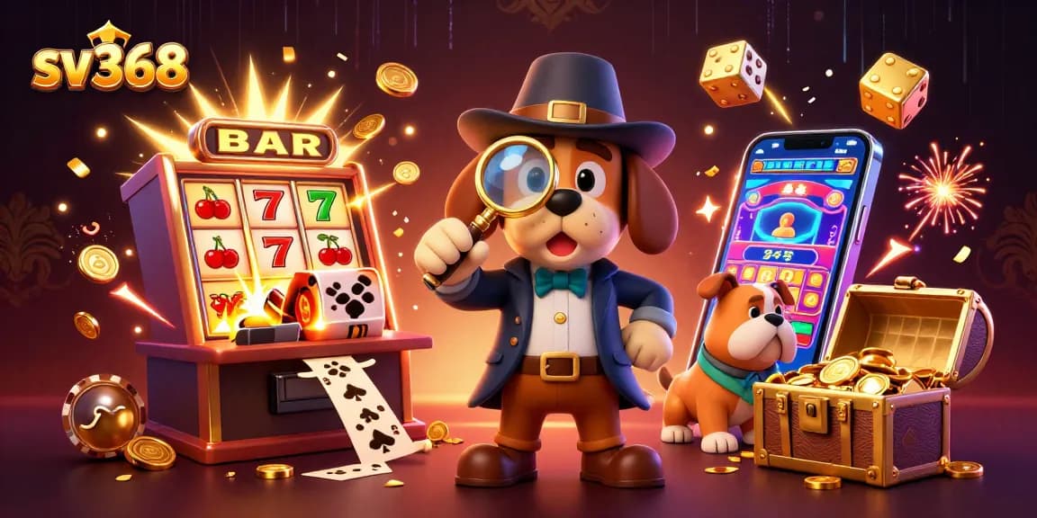 sv368 reveals treasures with a detective uncovering poker clues and falling coins in a lively casino.