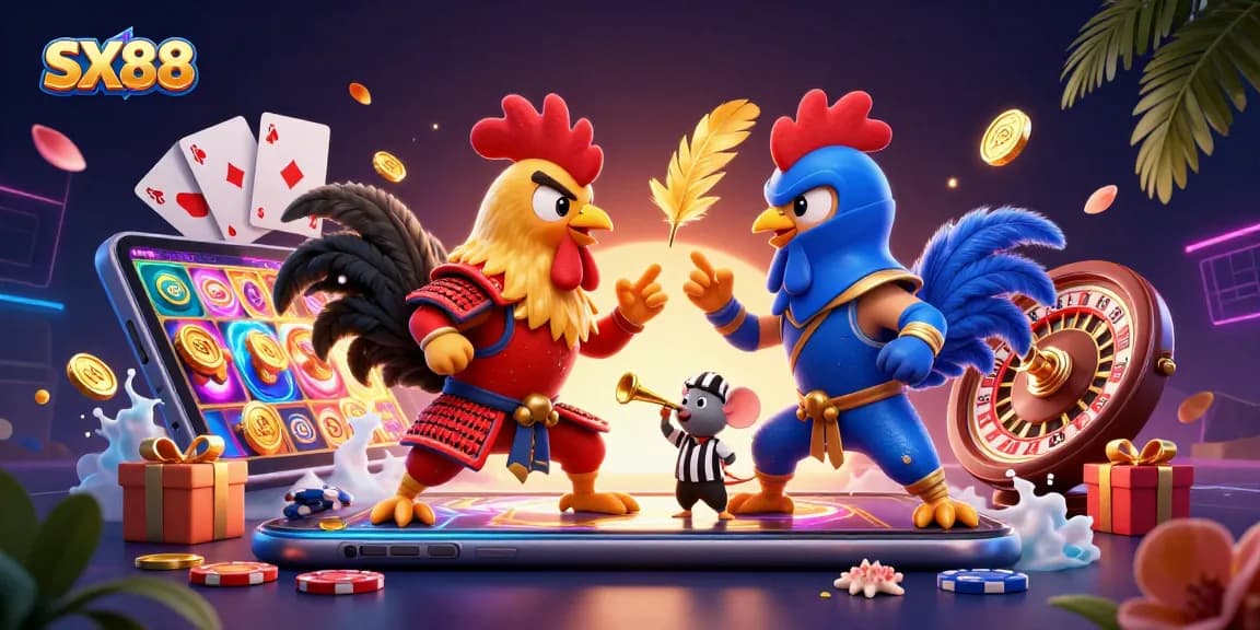 SX88 gamers enjoy dynamic action with cartoon roosters in a thrilling standoff amidst casino elements.