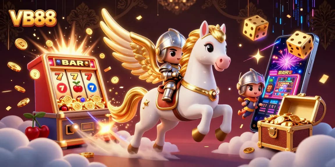Win big with VB88 in this vibrant casino scene featuring a mystical horse and jackpot elements.