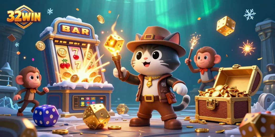 Experience the thrill of 32WIN with a 3D casino scene illustrating an archaeologist cat uncovering treasures.