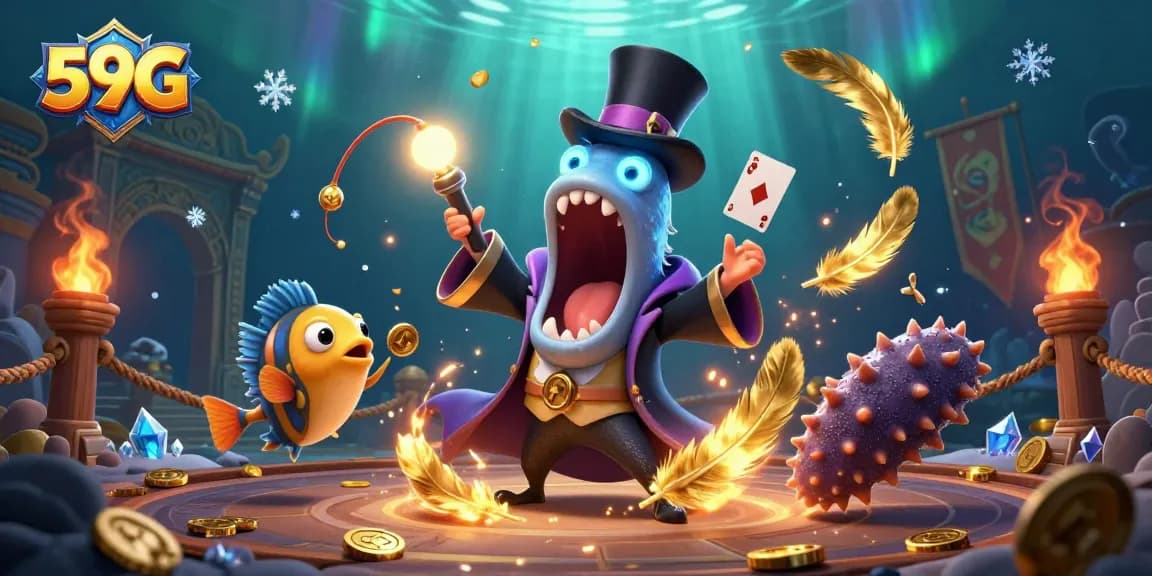 Engage in exciting gameplay at 59G with dazzling casino characters performing magic tricks underwater.