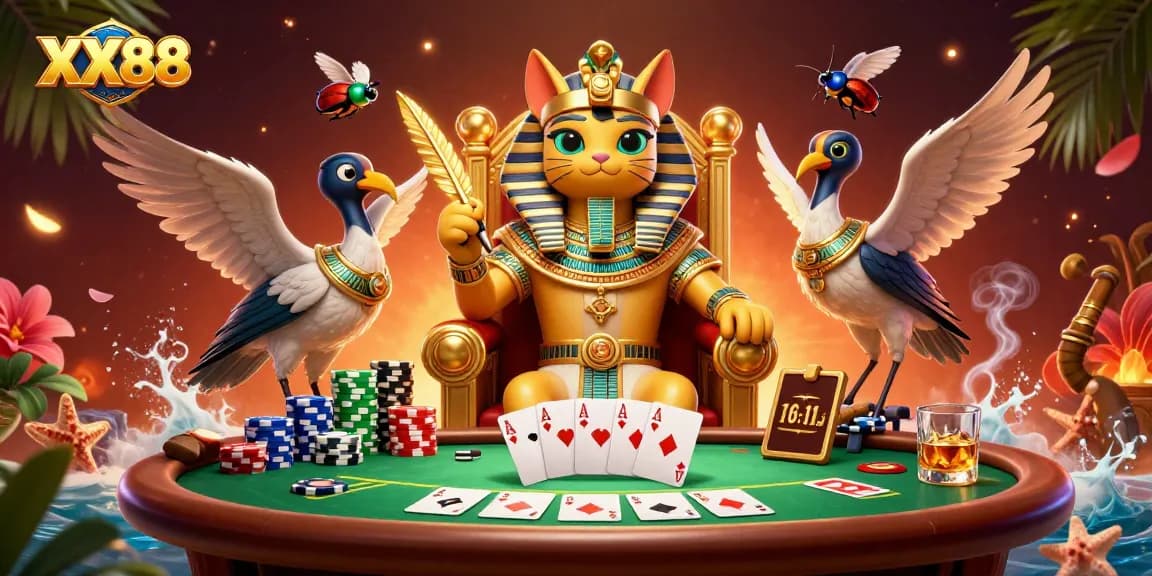 Experience the excitement of XX88 with a pharaoh-themed poker scene featuring dynamic game elements.