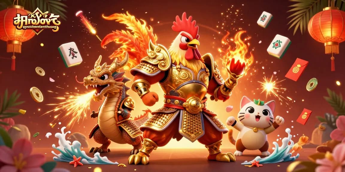 Experience the thrill of quyetchientienthuong as the rooster warrior battles beside a dragon, amidst festive symbols.
