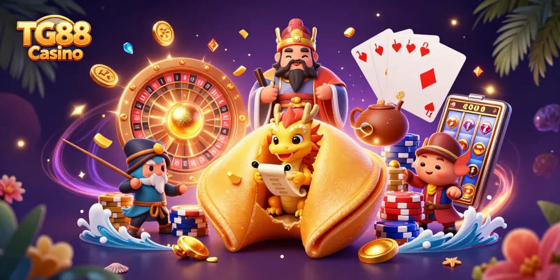 Spin to win big at TG88 Casino with golden fortune characters and vibrant game elements!
