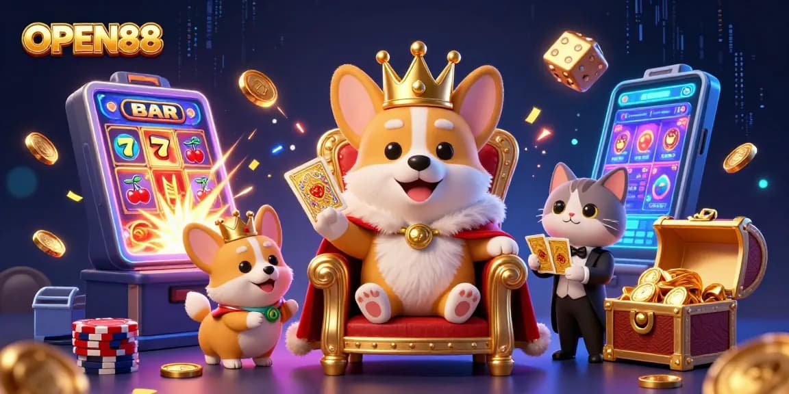 Experience the excitement of OPEN88 with an engaging scene of a corgi king surrounded by casino elements.
