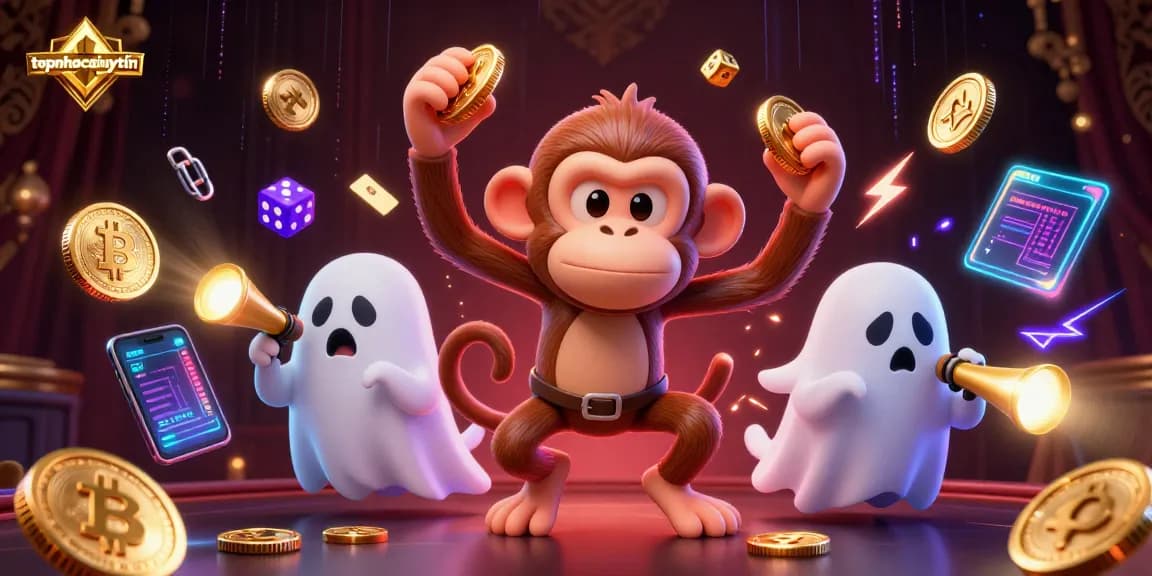 Experience topnhacaiuytin as a mischievous monkey juggles gold coins in a haunted casino scene.