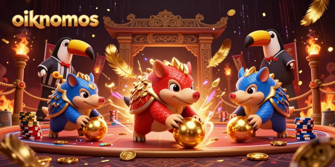 Experience the thrilling duel in oikonomos as pangolins roll into golden balls amidst poker chips!
