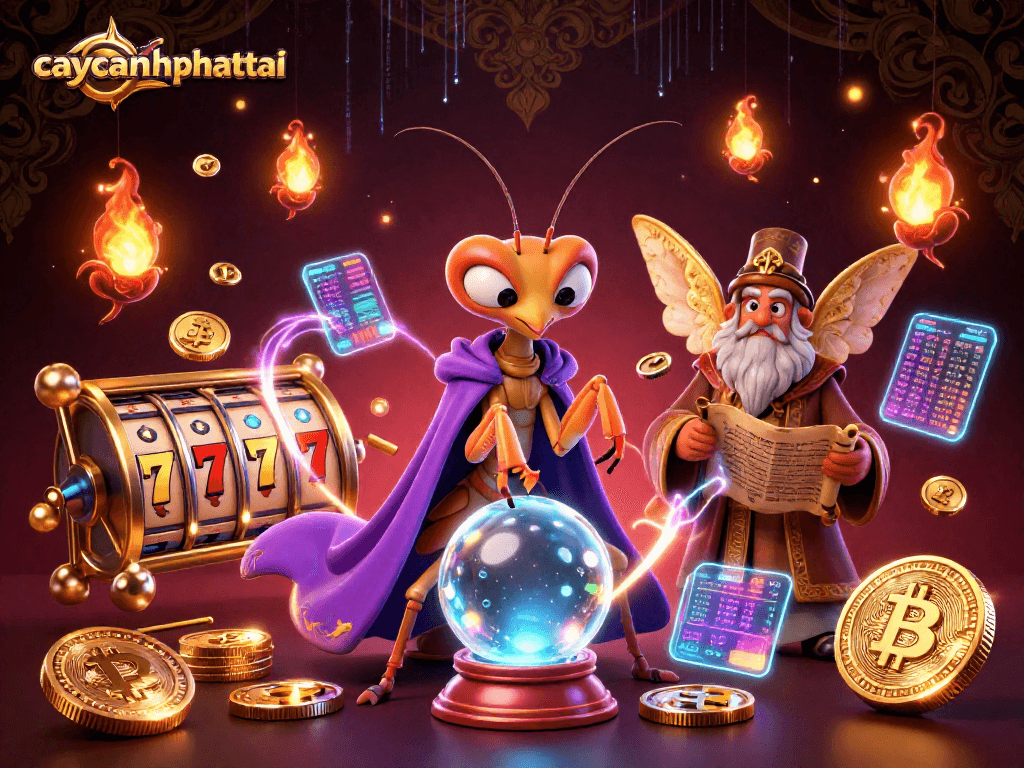 Engage with caycanhphattai in a vibrant 3D casino illustration featuring fortune-telling elements and slot game motifs.