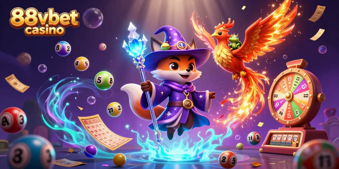 Engage with exciting games at 88vbet casino, featuring vibrant character illustrations amidst lottery elements.