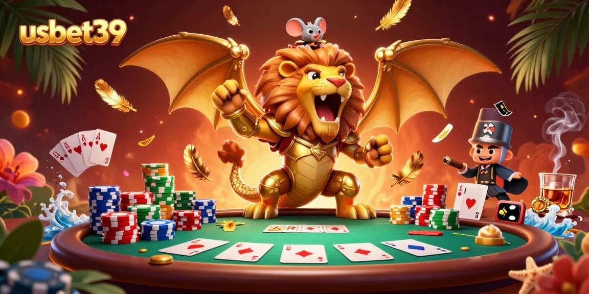 Experience thrilling poker adventures at usbet39 with an extravagant casino scene featuring vibrant characters.
