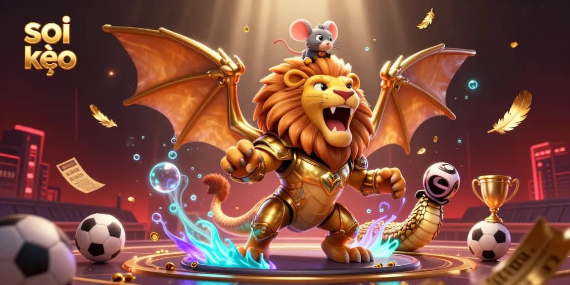 Soi kèo with dynamic sports betting scene featuring a roaring chimera and mouse jockey amidst vibrant gambling elements.