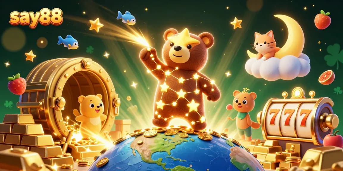 Experience gaming excitement at say88 with an enchanting 3D illustration of stars and slot machines.
