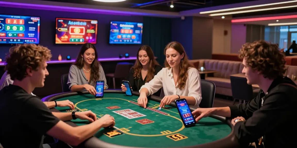 Capture the excitement of online gaming at 78WIN with friends enjoying various casino games in a vibrant virtual environment.