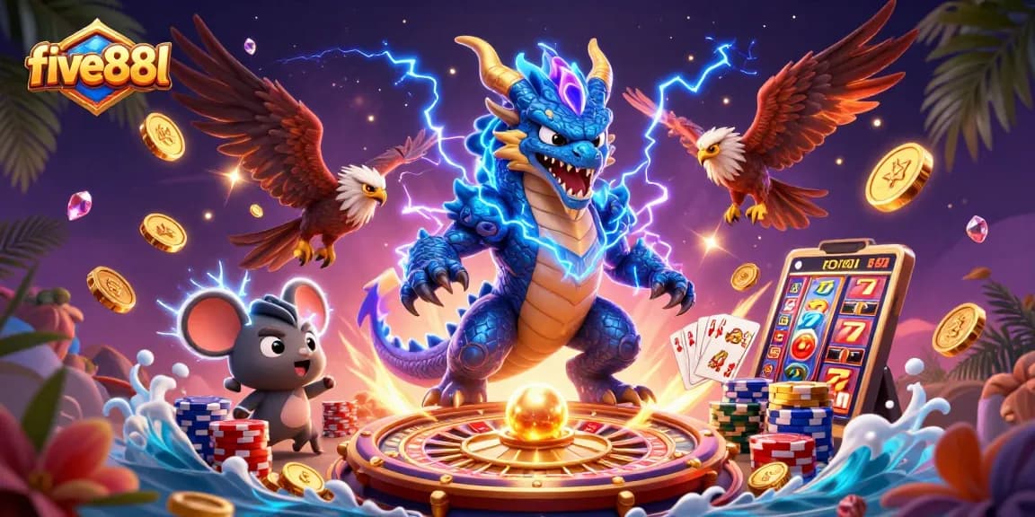 Experience the vibrant excitement of five88l with an electrifying casino scene featuring a thunder dragon and glowing hawk.