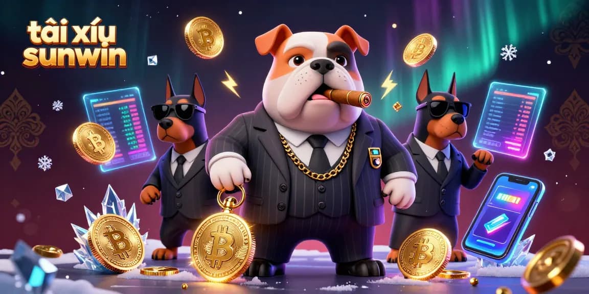 Engage with tài xỉu sunwin as a mafia boss bulldog commands the casino, surrounded by vibrant crypto elements.