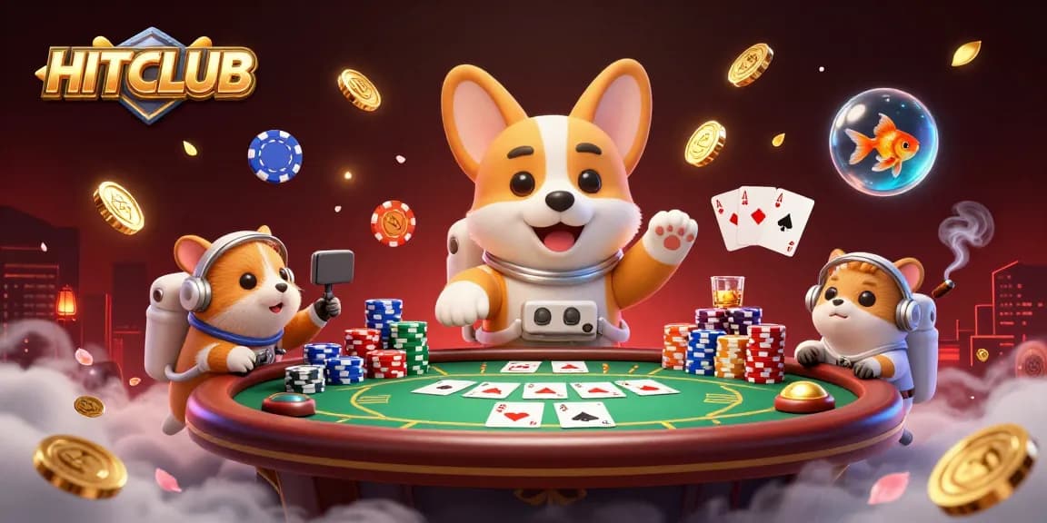 Join the excitement at HITCLUB, featuring a charismatic astronaut corgi surrounded by lively poker elements in a captivating casino setting.