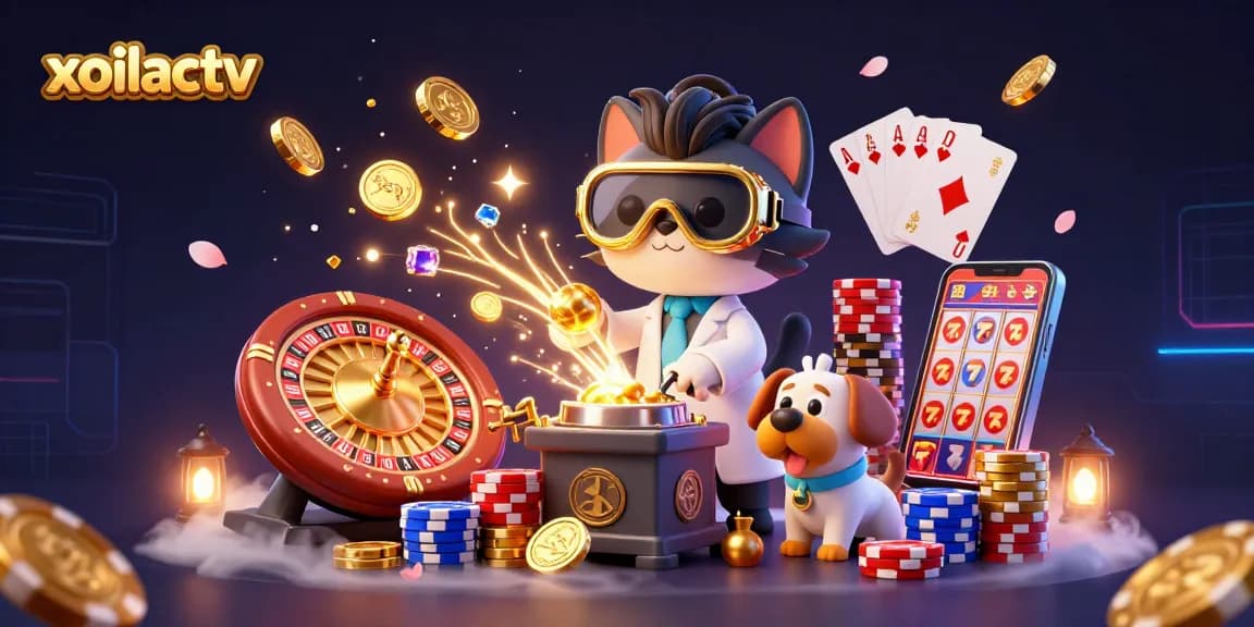 Watch the thrilling action of xoilactv with a cartoon mad scientist cat and dog in a dynamic casino scene.