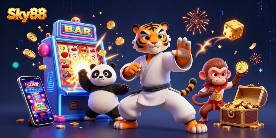 Engage in thrilling casino action with Sky88, featuring lively characters and dynamic gaming elements.