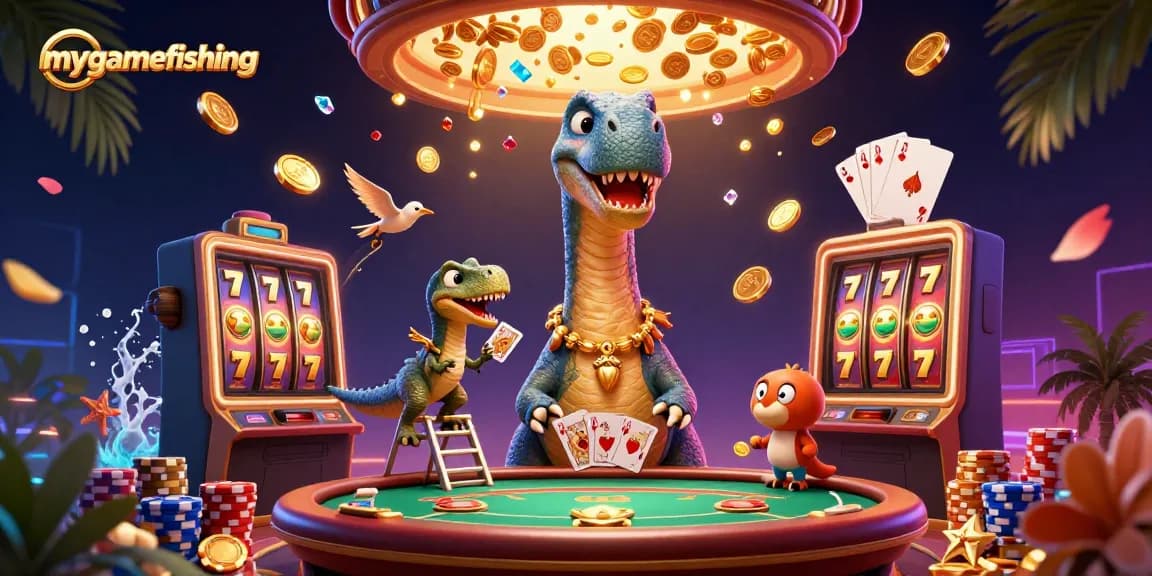 Experience mygamefishing with a whimsical illustration of a dinosaur-themed casino full of winnings.