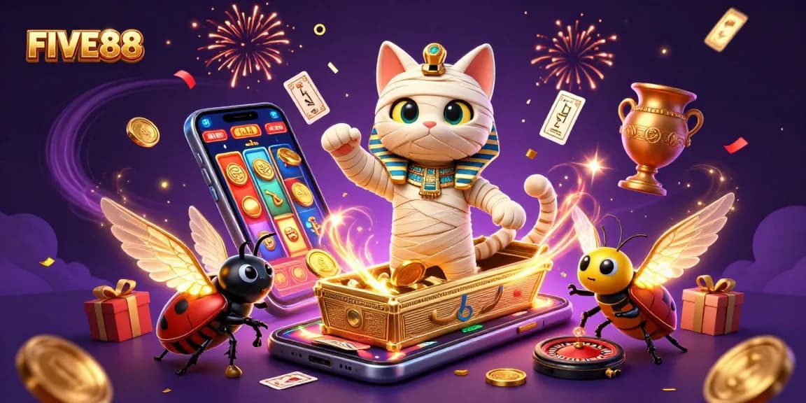Experience the excitement of FIVE88 with vibrant casino action featuring a mummy cat and scarab beetle.