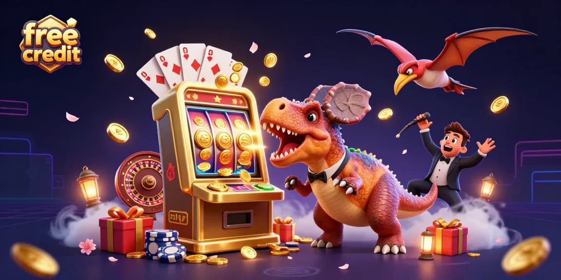 Players exploring free credit opportunities with excited dinosaurs in a casino scene.