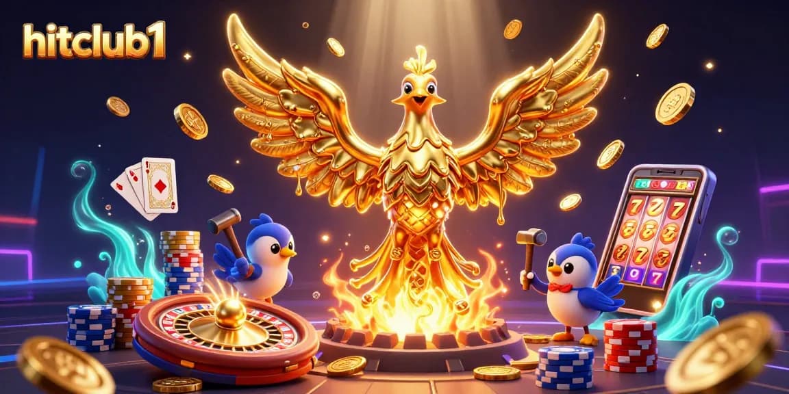 Engage with hitclub1's golden phoenix amidst a vibrant casino atmosphere featuring cascades of coins and lively gaming elements.
