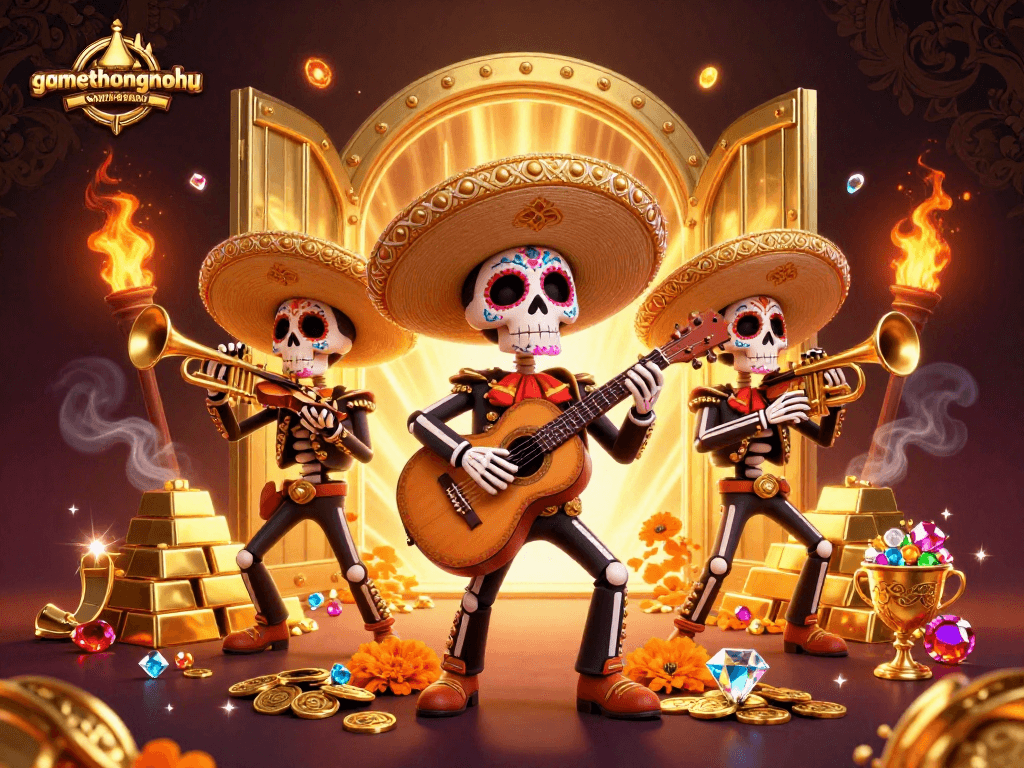 Experience gamethuongnohu with vibrant mariachi skeletons among golden treasures in a festive casino backdrop.