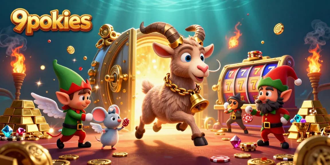 Enjoy thrilling games at 9pokies with a festive Krampus goat managing a vibrant casino scene full of riches.