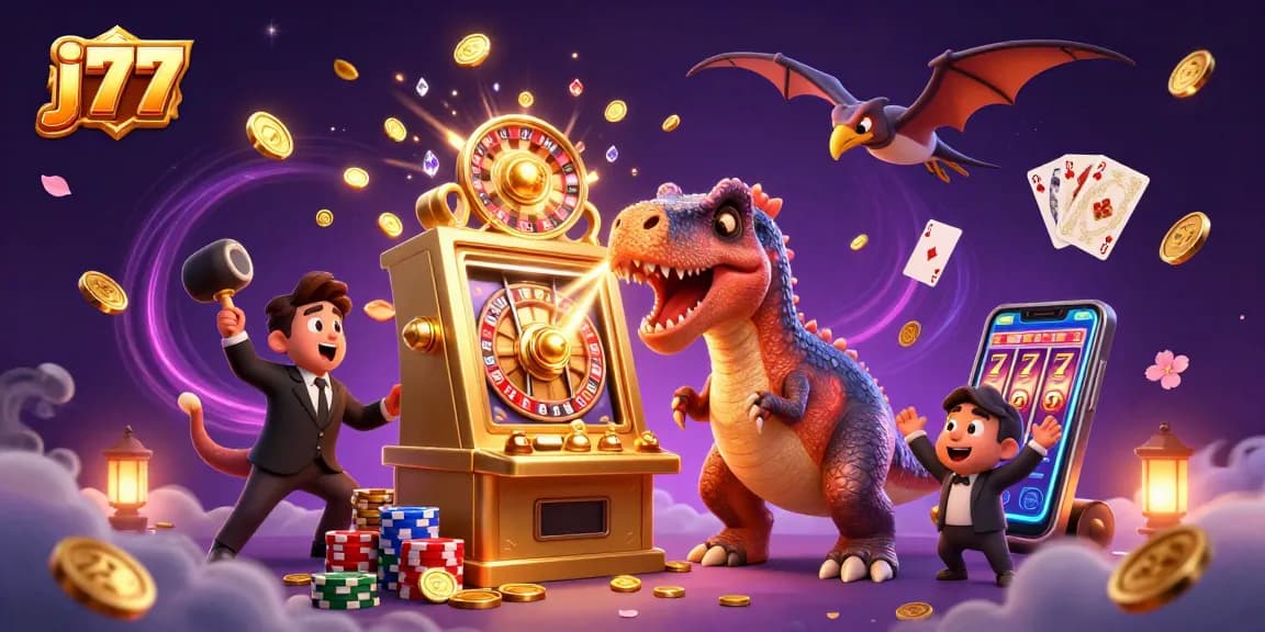 Experience the thrill of j77 as characters delight in jackpot wins surrounded by vibrant casino action.