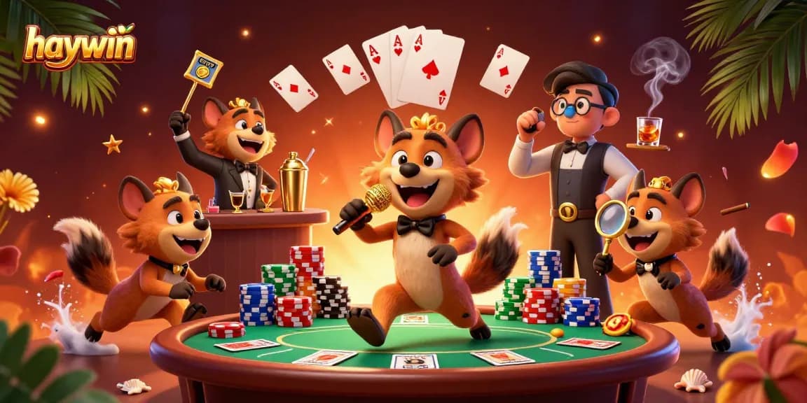 Join the fun at Haywin's casino club with 3D hyena characters and colorful poker elements!