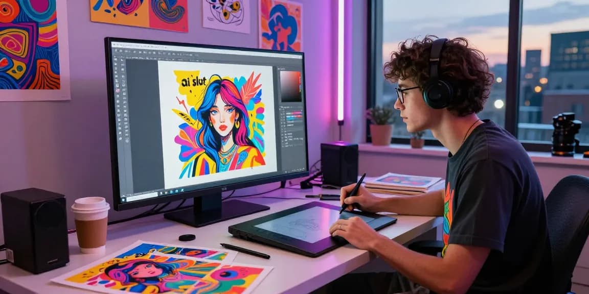 Creative workspace featuring artist generating vibrant AI "ai slut" artwork on touchscreen, surrounded by colorful prints and tools