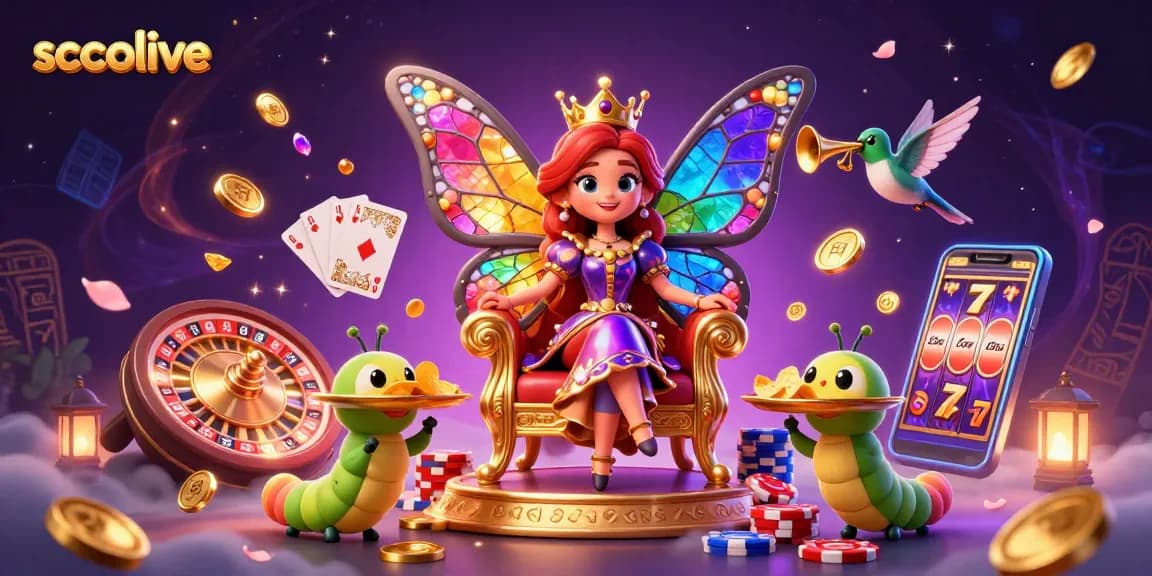 Socolive offers immersive gaming as illustrated by a butterfly queen in a vibrant casino scene.