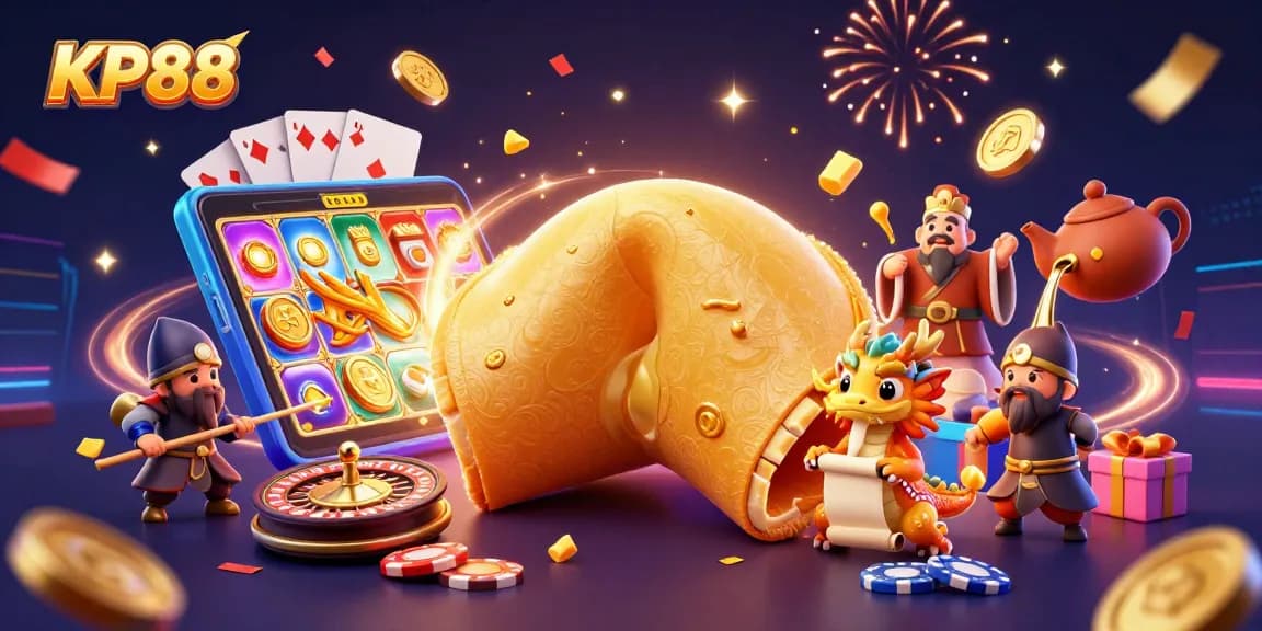 Play exciting games at KP88 with colorful slot reels and lively golden elements featured.