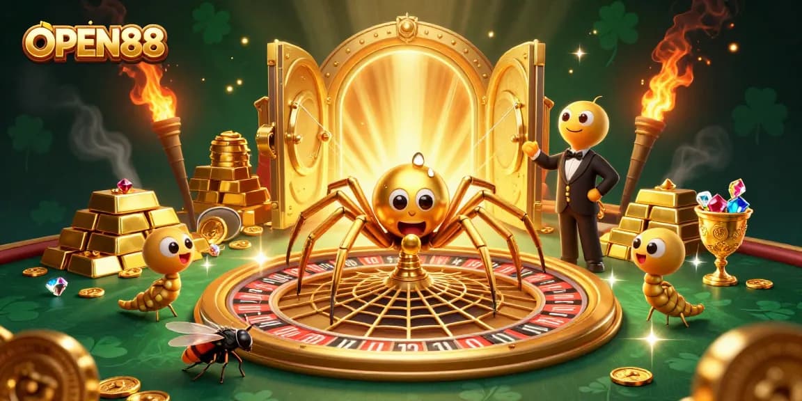 Betting at OPEN88 with a fly and a golden spider amidst an exciting casino scene.