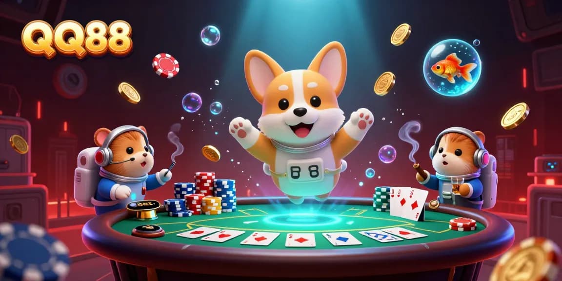 Experience the thrilling world of QQ88 with a dynamic space casino scene filled with poker action.
