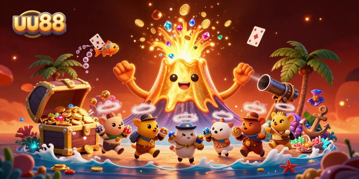 Experience the excitement at uu88 with a dazzling golden volcano erupting treasure in this vibrant casino-themed art.