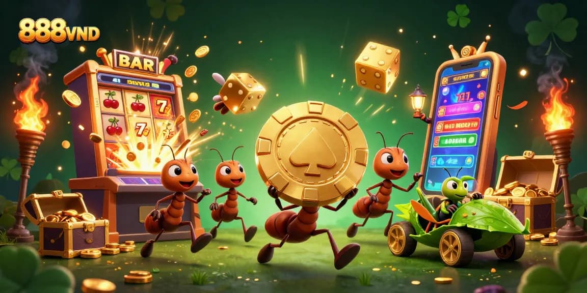 Experience the excitement of 888VND with a vibrant 3D heist scene featuring ants and jackpot elements.