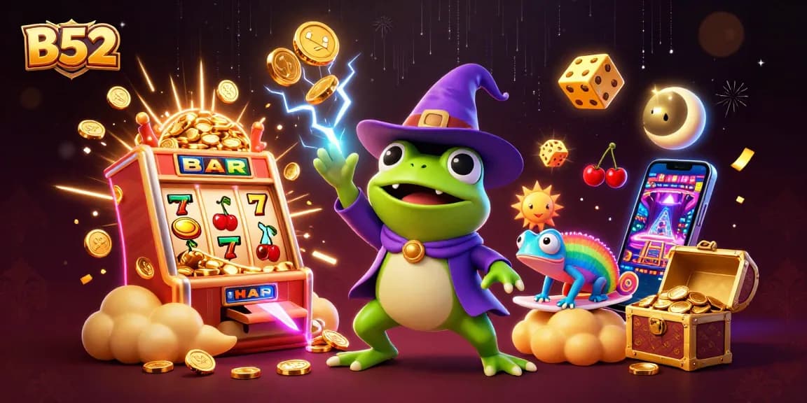 Spin the B52 slot with vibrant characters and golden coins cascading for a thrilling jackpot experience.